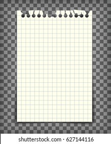 Blank Checkered Note Book Page With Torn Edge. Notepaper Mockup. Graphic Design Element For Text, Advertisement, Math, Doodle, Sketch, Scrapbooking. Checkers Paper Piece. Realistic Vector Illustration