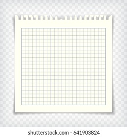 Blank checkered note book page with torn edge. Notepaper mockup. Graphic design element for text, advertisement, math, doodle, sketch, scrapbooking. Checkers paper piece. Realistic vector illustration