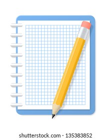 Blank checkered notebook and pencil. Vector illustration.