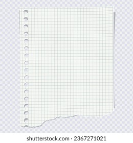 Blank checkered page with torn edge on transparent. Notepaper from spiral bound notebook. Realistic mockup for text, advertisement, math, doodle, sketch, scrapbooking. Vector illustration