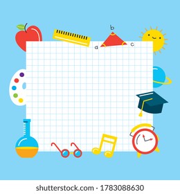 hoja de papel a cuadros en blanco entre los suministros escolares. volver a la escuela. ilustración vectorial