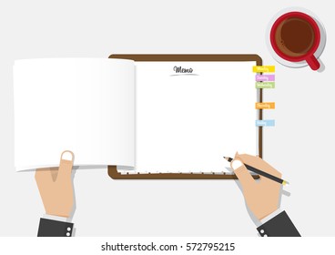 Blank checklist clipboard with businessman’s hand holding black pencil and a cup of coffee. Vector Illustration.