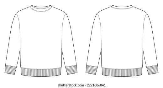 Blank childrens sweatshirt technical sketch. Kids wear jumper design template. Front and back view. CAD fashion design for packaging, catalog. Vector illustration