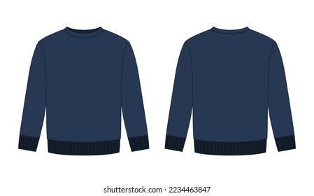 Blank childrens sweatshirt technical sketch. Dark blue color. Kids wear jumper design template. Front and back view. CAD fashion design for packaging, catalog. Vector illustration