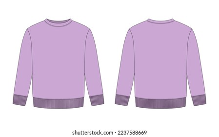 Blank childrens sweatshirt technical sketch. Pastel purple color. Kids wear jumper design template. Front and back view. CAD fashion design for packaging, catalog. Vector illustration