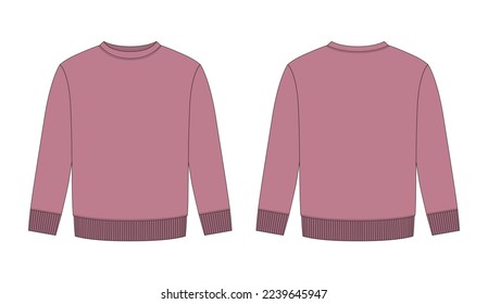 Blank childrens sweatshirt technical sketch. Pudra color. Kids wear jumper design template. Front and back view. CAD fashion design for packaging, catalog. Vector illustration