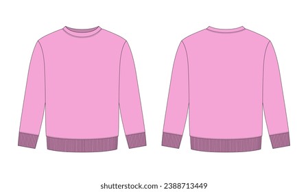 Blank childrens sweatshirt technical sketch. Pink color. Kids wear jumper design template. Front and back view. CAD fashion design for packaging, catalog. Vector illustration