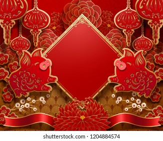 Blank Chinese new year background design with spring couplet, piggy and lanterns elements, paper art style