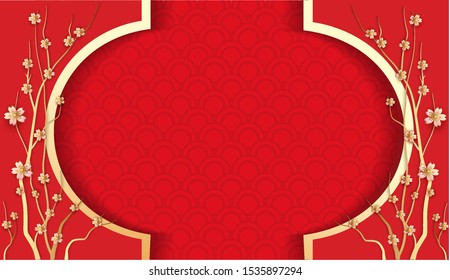 Blank Chinese new year background design with flowers on red texture, paper art style - Vector