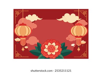Blank Chinese new year background, peony and red lanterns decorations vector art illustration.