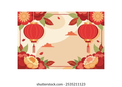 Blank Chinese new year background, peony and red lanterns decorations vector art illustration.