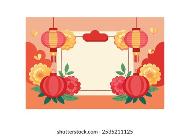 Blank Chinese new year background, peony and red lanterns decorations vector art illustration.