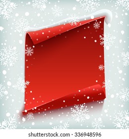 Blank Christmas background, greeting card template. Red, curved, paper banner on winter background with snow and snowflakes. Vector illustration.