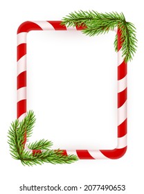 Blank Christmas border, candy cane frame with branch of christmas tree, fir. 
Isolated on white background. Holiday design, decor. Vector illustration.