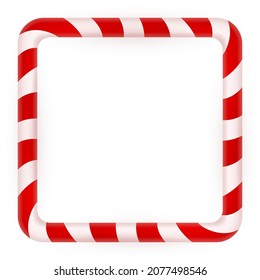 Blank Christmas border, candy cane frame with red and white stripes. Isolated on white background. Holiday design, decor. Vector illustration.