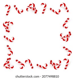 Blank Christmas border, candy cane frame with red and white stripes. Isolated on white background. Holiday design, decor. Vector illustration.