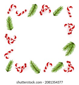 Blank Christmas border, candy cane frame with branch of christmas tree, fir. Isolated on white background. Holiday design, decor. Vector illustration.