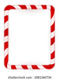 Blank Christmas border, candy cane frame with red and white stripes. Isolated on white background. Holiday design, decor. Vector illustration.