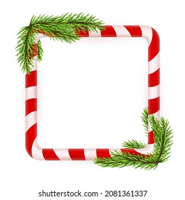Blank Christmas border, candy cane frame with branch of christmas tree, fir. Isolated on white background. Holiday design, decor. Vector illustration.