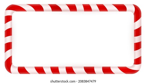 Blank Christmas border, candy cane frame with red and white stripes. Isolated on white background. Holiday design, decor. Vector illustration.
