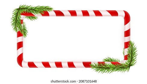 Blank Christmas border, candy cane frame with branch of christmas tree, fir. Isolated on white background. Holiday design, decor. Vector illustration.