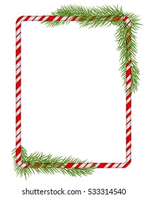 Blank Christmas Border, Candy Cane Frame With Branch Of Christmas Tree, Fir. 
Isolated On White Background. Holiday Design, Decor. Vector Illustration.