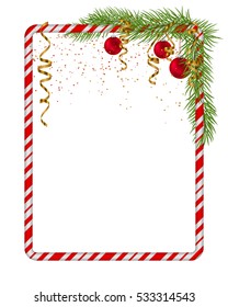 Blank Christmas border, candy cane frame with branch of christmas tree, fir, red balls, gold serpentine, ribbon. Isolated on white background. Holiday design, decor. Vector illustration.