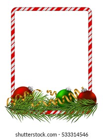 Blank Christmas border, candy cane frame with branch of christmas tree, fir, red and green balls, gold serpentine, ribbon. Isolated on white background. Holiday design, decor. Vector illustration.