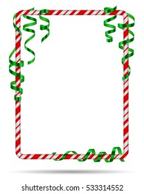 Blank Christmas Border, Candy Cane Frame With Green Serpentine, Ribbon. Isolated On White Background. Holiday Design, Decor. Vector Illustration