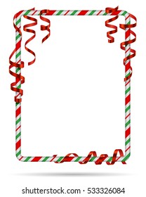 Blank Christmas border, candy cane frame with red serpentine, ribbon. Isolated on white background. Holiday design, decor. Vector illustration.