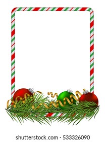 Blank Christmas border, candy cane frame with branch of christmas tree, fir, red and green balls, gold serpentine, ribbon. Isolated on white background. Holiday design, decor. Vector illustration.