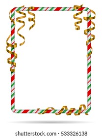 Blank Christmas border, candy cane frame with gold serpentine, ribbon. Isolated on white background. Holiday design, decor. Vector illustration.