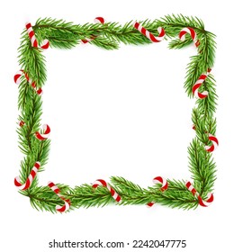 Blank Christmas border, frame with green branch of Christmas tree, fir and candy cane with red and white stripes. Isolated on white background. Holiday design, decor. Vector illustration.