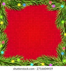 Blank Christmas border, frame with green branch of Christmas tree, fir and lighting, garland with red background. Holiday design, decor. Vector illustration