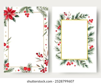 Blank christmas cards with watercolor plants, flowers and snowflakes. Fir branches, berries. New year frames