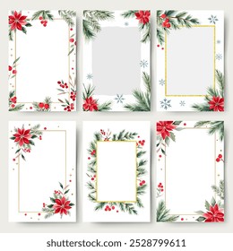 Blank christmas cards with watercolor plants, flowers and snowflakes. Fir branches, berries. New year frames