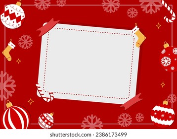 Blank Christmas frame with Christmas decoration in red background, Christmas greeting card, banner, copy space