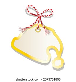 Blank Christmas hat card with a golden border, tied with a red and white cord string,
Label or gift tag,
Vector illustration isolated on white background
