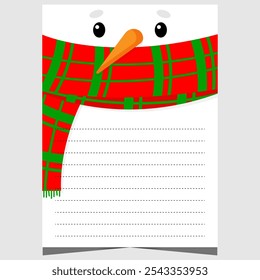 Blank Christmas letter template with cute snowman character wearing scarf. Ready for print or for web document with empty lines to fill out with greeting or wish list by children during holidays.