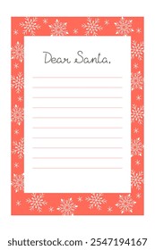 Blank Christmas letter template for Santa Claus and snowflakes