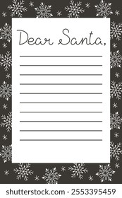 Blank Christmas letter template for Santa Claus and snowflakes