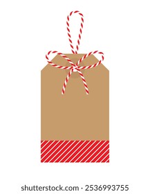 Blank Christmas New Year tag with bow and ribbons. Striped kraft paper background, for gift tied up with cotton red rope bakers twine. Packing string for decoration, present, pastry boxes.Vector EPS10