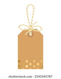 Blank Christmas New Year tag with bow and ribbons. Dots craft paper background, for gift tied up with cotton gold rope bakers twine. Packing string for decoration, present. Isolated vector EPS10