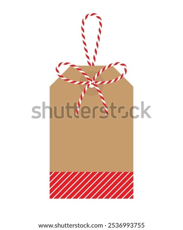 Blank Christmas New Year tag with bow and ribbons. Striped kraft paper background, for gift tied up with cotton red rope bakers twine. Packing string for decoration, present, pastry boxes.Vector EPS10