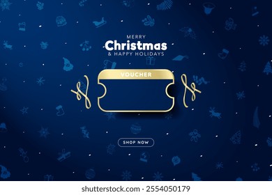 
Blank Christmas Voucher Template with copy space and shop now button. Merry Christmas and Happy Holidays Christmas coupon banner with xmas decoration ornament illustration. Christmas give away.