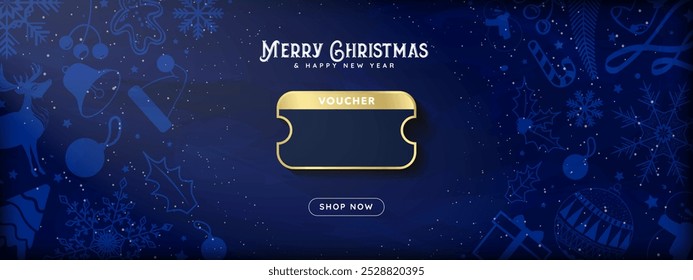 Blank Christmas Voucher Template Design with copy space and show now button. Merry Christmas and Happy Holidays Christmas coupon banner framed by illustrations of xmas decoration ornaments. Vector.