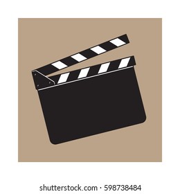 Blank cinema production black clapper board, sketch style vector illustration isolated on brown background. Classical traditional cinema, motion picture production clapperboard, clapper board