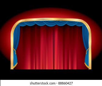 blank cinema stage with red and blue curtain and golden frame