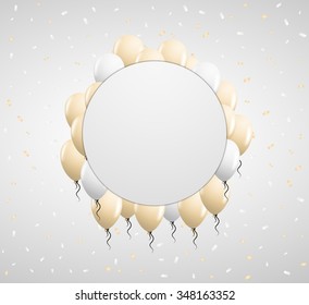 blank circle badge and beige balloons and confetti