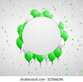 blank circle badge and green balloons and confetti